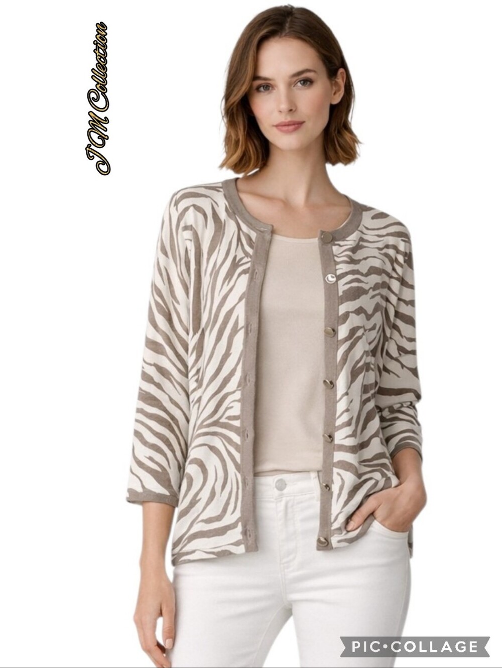 JM Collection sweater cardigan tan beige zebra animal print buttons sz xl nwts